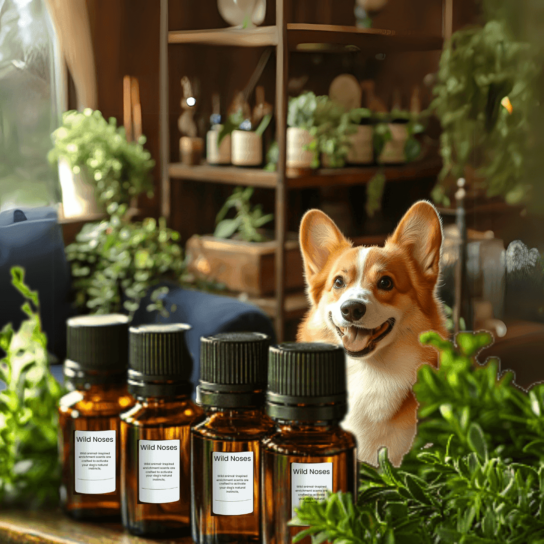 Corgi next to essential oil bottles amidst greenery in a cozy, plant-filled room.